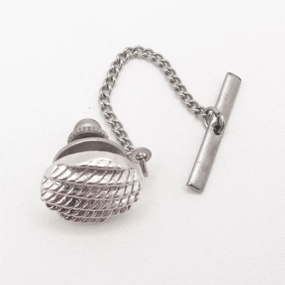 Vintage Silver Tone Round Textured Ribbed Cable Rope Dome Tie Tack Chain T-Bar